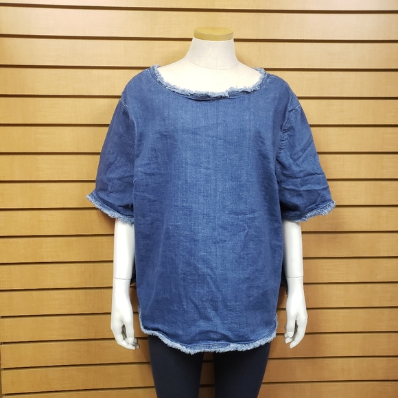 Glamour X Lane Bryant Blue Denim Jean Fringed Short Sleeve Blouse Size 22 - Picture 1 of 10